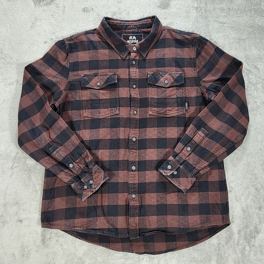 KUIU Shirt Mens XL‎ Brown Black Plaid Flannel Button Up Wool Blend Hunting Field